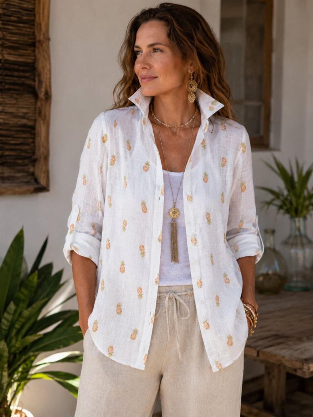 Chico's Pineapple Print 100% Linen Button-Up Shirt L Resort Coastal Tropical